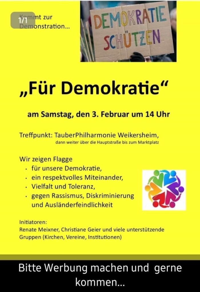 Demo "Für Demokratie" am 03.02.2024 um 14 Uhr in Weikersheim, Treffpunkt TauberPhilharmonie