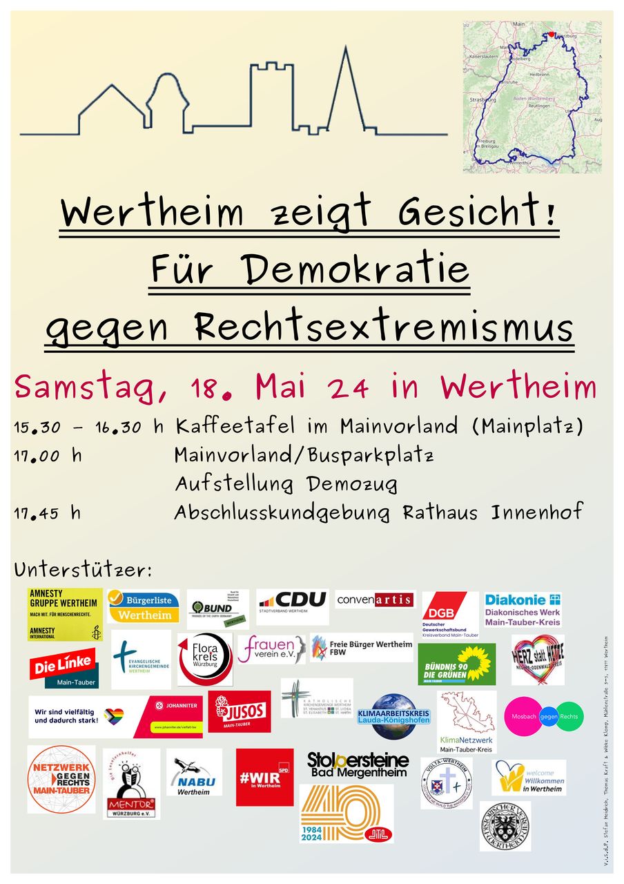 Save the date: Samstag 18.05.2024 in Wertheim - Kundgebung für Demokratie + gegen Rechtsextremismus